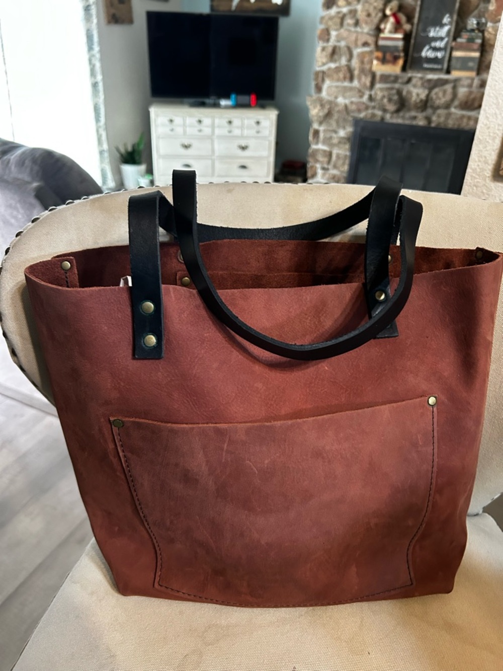 Women's Leather Tote Bag in Rustic Brown with Black Handles
